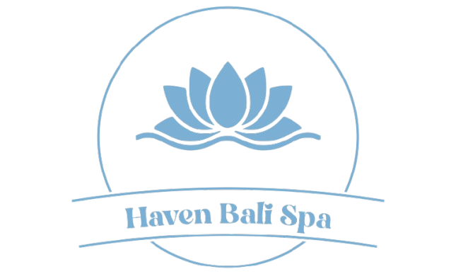 Logo Haven Bali Spa: niebieski kwiat lotosu w okręgu z falistą linią i nazwą marki